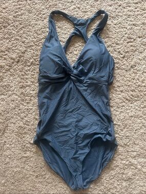 Prana Twist Front One-Piece Swimsuit in Dusty Blue Sz L Preowned